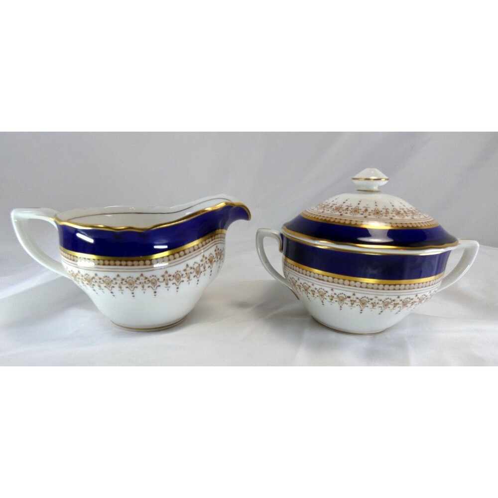 Royal Worcester Regency Blue Cream & Sugar w/Lid, MINT Condition